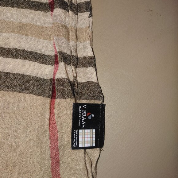 Scarf Wrap V Fraas Beige Plaid Vintage Fringe Edges Lightweight Cotton Viscose - Picture 3 of 9